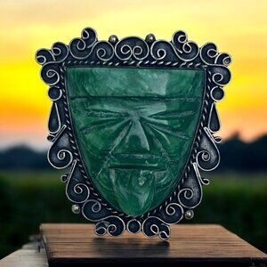 Vintage Mexican Sterling Silver & Green Jade Tribal Mask Brooch With Intricate S